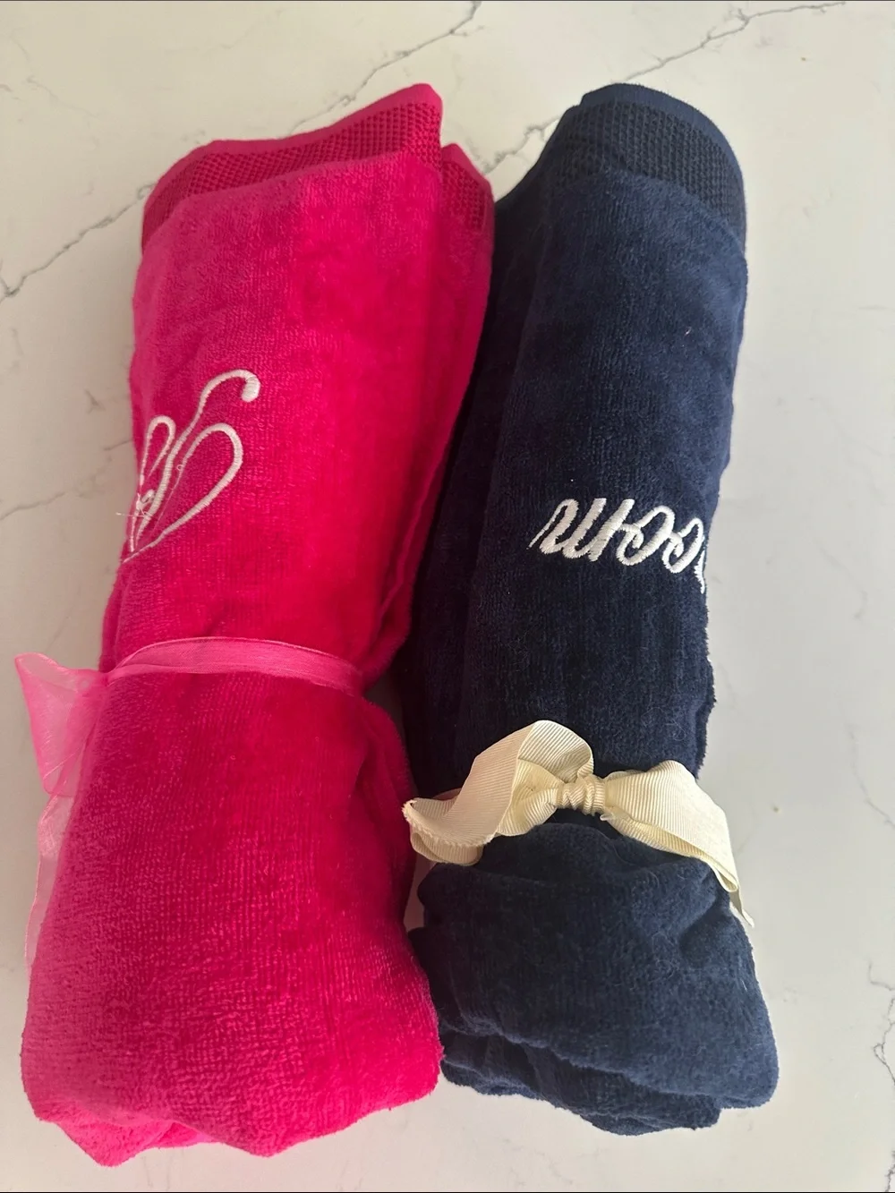 Bride & Groom Embroidered Cotton Bath Towels - Pink and Navy